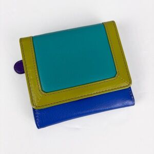 ili Colorblock Trifold Wallet RFID Protection Blue Green Colorful Leather